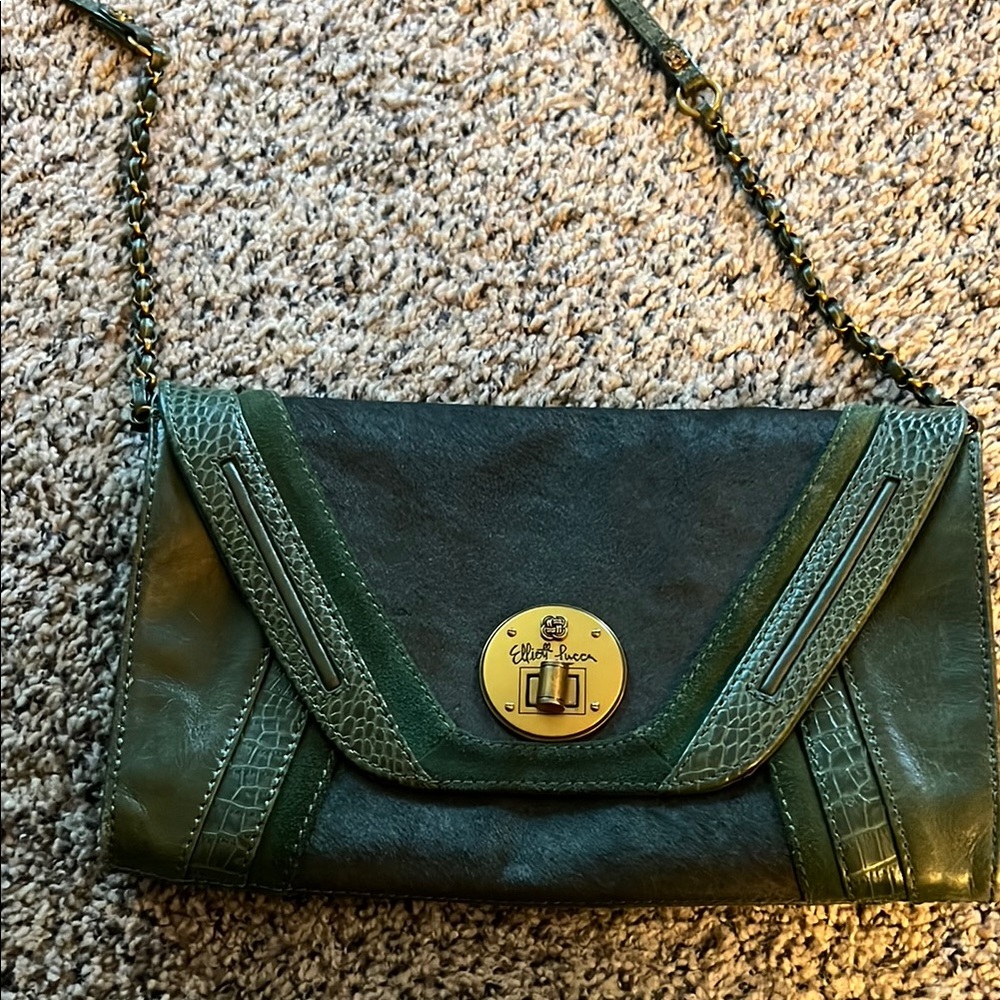 Elliott Lucca Green Crossbody Bag with Gold Turn-Lock. It’s exquisite.